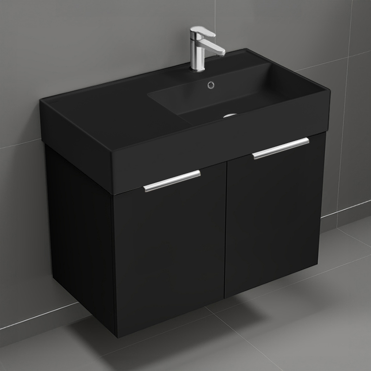 Bathroom Vanity Floating Black Bathroom Vanity, Modern, 32 Inch, Chrome Handles Nameeks DERIN745